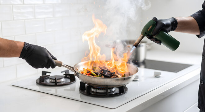 Professional Chef Flambeing Stir Fry Vegetables and Meat in Pan with Blowtorch on Gas Stove &mdash; Restaurant Kitchen Cooking Technique Mockup Template Background