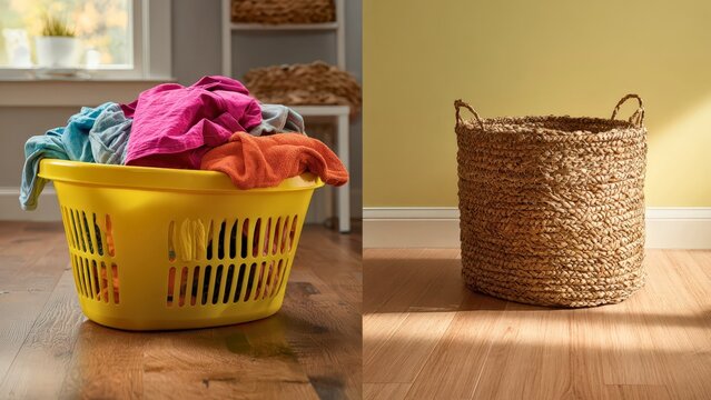 A bright yellow plastic laundry basket filled with colorful clothes and an empty woven wicker storage basket on a