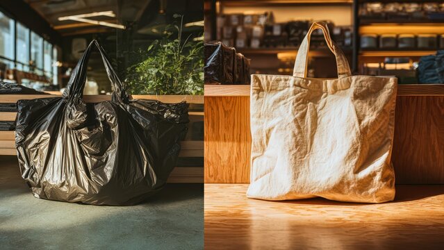 A black plastic shopping bag and a beige canvas tote bag sitting on a wooden counter in a retail store environment