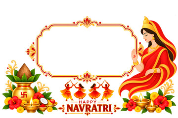 Fototapeta premium navratri, fest, kalash, durga, puja, carnival, background, traditional, dandiya, vintage, greeting, card, invite, template, border,