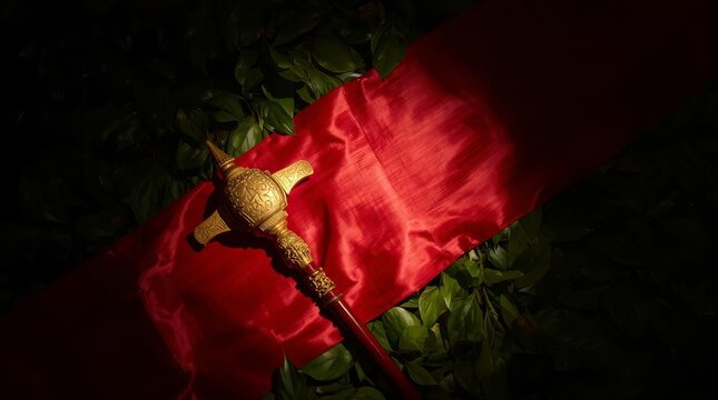 Sacred red silk flag with golden ceremonial mace amidst dark green foliage dramatic close