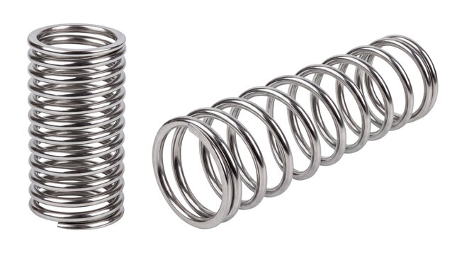 Industrial metal compression springs, stainless steel helical coil spring set, shiny chrome mechanical hardware for engineering and manufacturing isolated PNG with Transparent Background