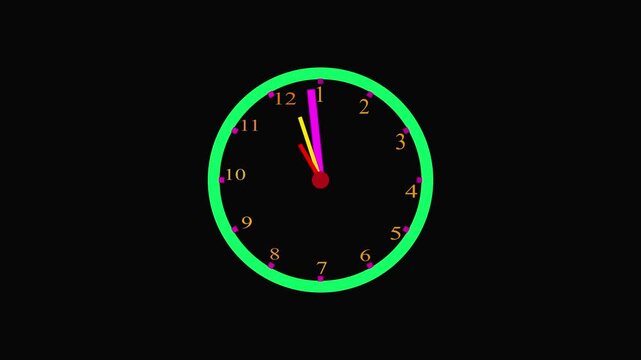 Simple clock stop watch icon animation isolated on black background,  Clock icon flat style. 12 hours clock dial , twenty-four hours ,4k motion video