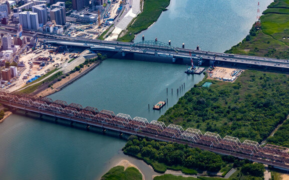 Bridges Crossing an Osaka River from Above
