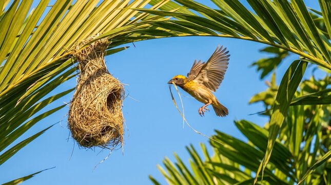 Baya weaver bird constructing intricate nest in tropical palm tree with vibrant green foliage