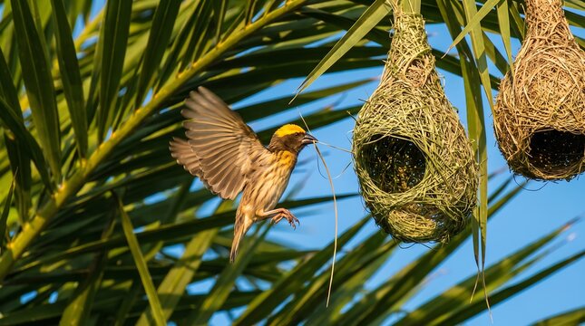 Baya weaver bird flying toward woven nest in tropical palm foliage with natural sunlight