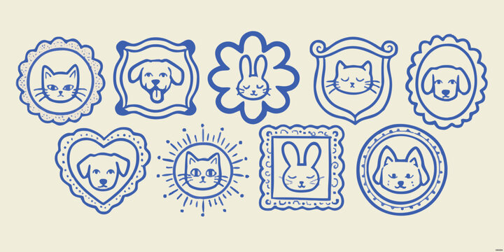 Collection of hand drawn pet portraits featuring cats dogs and a rabbit