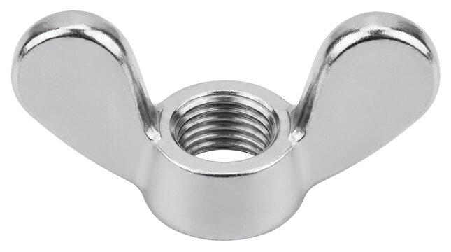 Metallic wing nut with internal threading, polished steel butterfly nut for manual tightening, industrial chrome hardware fastener for DIY assembly isolated PNG with Transparent Background