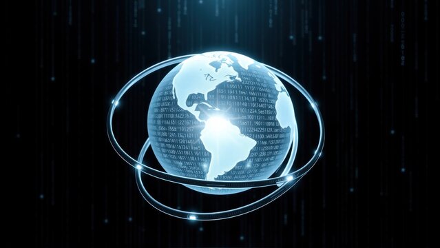 Glowing globe surrounded by digital code streams. Represents global network, data connections, futuristic technology. Bright blue hues dominate dark background.