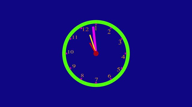 Simple and clean black clock animation on bright . Clock icon flat style 24 hours day fast on blue background with moving timer clock rotation. Clock spinning,  4k video,,  