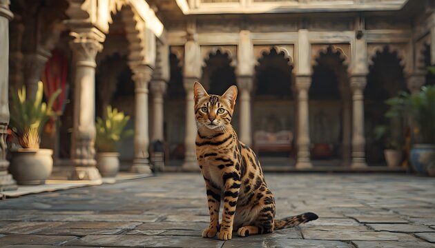 A beautiful Bengal cat sitting calmly in a luxurious palace courtyard with ornate columns, traditional architecture, potted plants, and warm natural light. Elegant and atmospheric animal portrait with