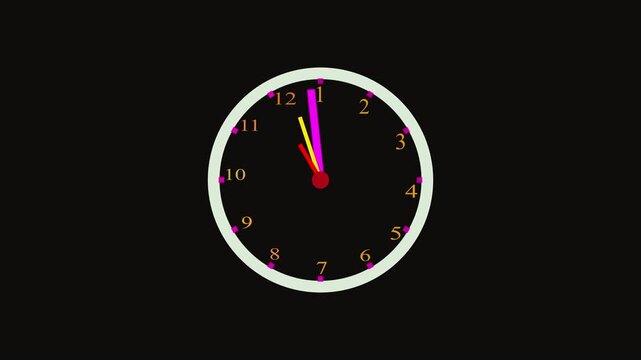 White clock spinning, watch animation on black background movement and real time indicator action.  Clock icon flat style 24 hours day fast speed rotation 4k ... 