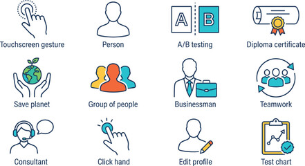 A/B Testing Icons Set with Diploma Certificate, Touchscreen Gesture © MDTAREK