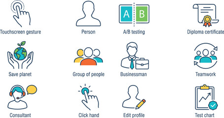 A/B Testing Icons Set with Person, Diploma, and Teamwork Concepts © MDTAREK