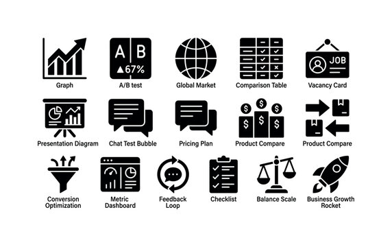 Business Testing Analytics, solid glyph icon set featuring graph, A/B test split card, globe, comparison table, vacancy card, presentation diagram, chat test bubble, pricing plan and product compare