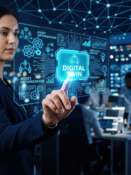 Businesswoman Interacting with Digital Twin Technology Interface for Asset Optimization and Predictive Analysis in Modern Office