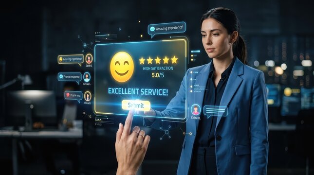 Businesswoman Interacting with Futuristic Customer Feedback Interface Showing Five Star Rating and Excellent Service