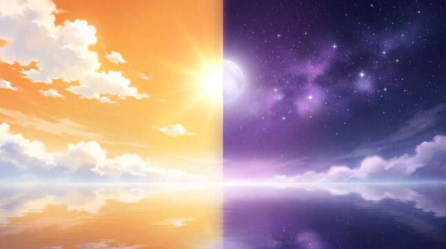 Day and night split screen landscape with sun and moon over a calm reflective water surface