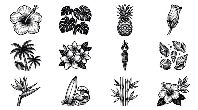 Tropical Icons Set: Hibiscus, Pineapple, Palm Trees, Surfboard - Line Art