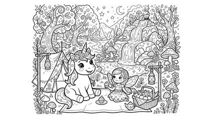 Fototapeta premium Cute unicorn and fairy having a picnic by a waterfall in a magical forest with a tent, lanterns, cupcakes, and a basket of fresh fruit