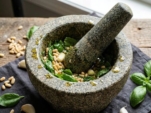 mortar and pestle with herbs