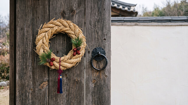 Rice straw Christmas wreath with jujubes and pine on a traditional Korean hanok wooden gate