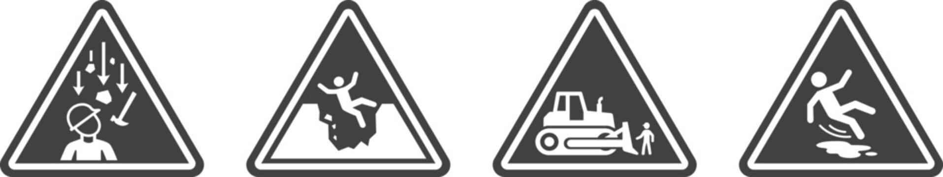 Four hazard warning signs depicting falling objects, falling into a pit, heavy machinery, and slipping hazard