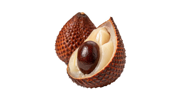 Whole and halved fresh ripe salak snake fruit isolated on transparent background.