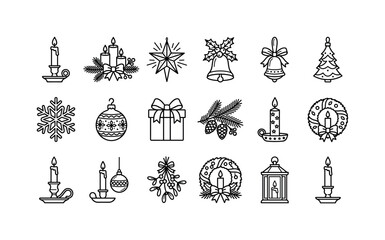 Fototapeta premium Retro Christmas Candles, line icon set featuring candle, candle holder, pine branch, ornament, bell, snowflake, star, gift box, covering retro Christmas greeting cards, warm holiday symbols, festive