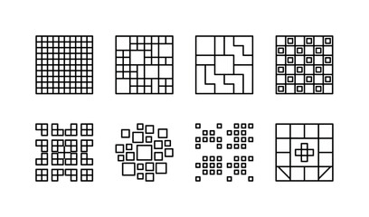 Fototapeta premium Pixel Mosaic Geometry, line icon set featuring pixel square, mosaic grid, geometric tile, checker block, modular pattern, square cluster, digital matrix, interface tile, covering modern abstract