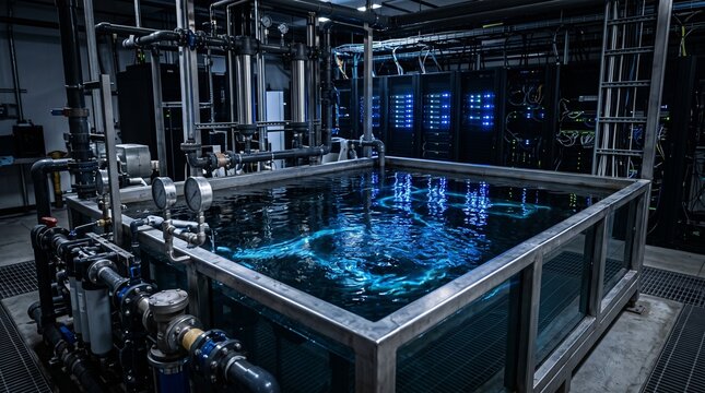 Server lights reflecting in water cooling pool in modern data center representing liquid cooling technology and server infrastructure