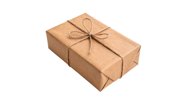 Rectangular cardboard gift box package wrapped with string isolated on transparent background.