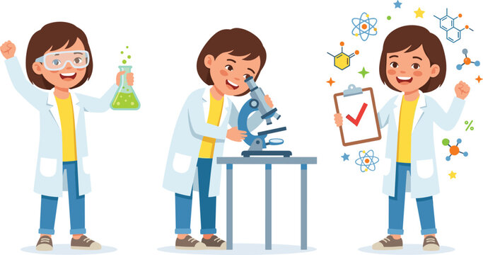 Cute girl scientist doing lab experiments with microscope vector set