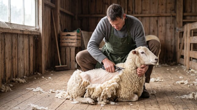 Sheep shearer carefully removing fleece coat from sheep using clippers in rustic wooden barn representing traditional farming