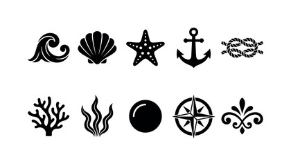 Fototapeta premium Sea Ornament Elements, solid glyph icon set featuring wave curl, shell, starfish, anchor, rope knot, coral, seaweed, pearl, compass rose and decorative flourish, covering linear sea design source,