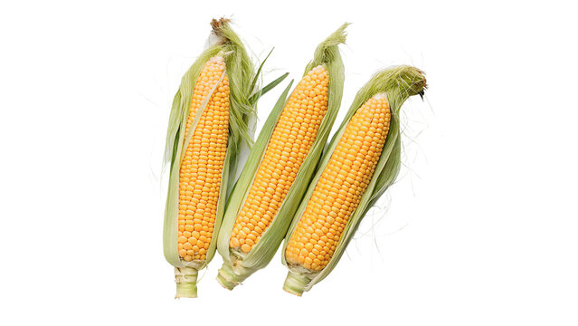 Three fresh raw sweet corn cobs in husks isolated on transparent background.
