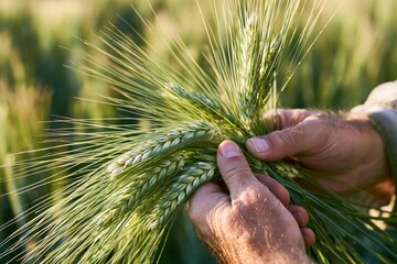 Obraz premium The Wheat Ears in Hands Closeup Harvesting Golden Grain in Field