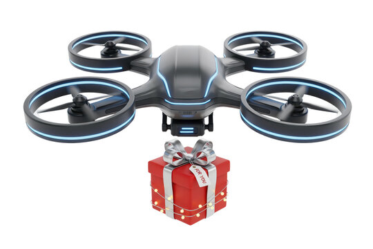Dark gray quadcopter drone carrying a red gift box with silver ribbon and string lights for holiday delivery isolated on a transparent background
