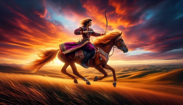 A colorful scene of a brave young man in a traditional caftan, riding a majestic golden-maned horse across a vast steppe, holding a drawn bow, Ai generated image