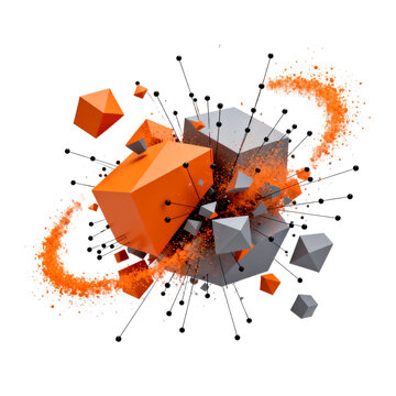[Transparent Background PNG]Exploding 3D Geometric Cubes Connected by Digital Nodes