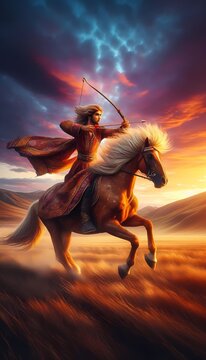 A colorful scene of a brave young man in a traditional caftan, riding a majestic golden-maned horse across a vast steppe, holding a drawn bow, Ai generated image