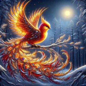 A mesmerizing scene of a firebird, with feathers of brilliant gold, crimson, and orange, perched on a silver branch in a snowy, moonlit forest, Ai generated image