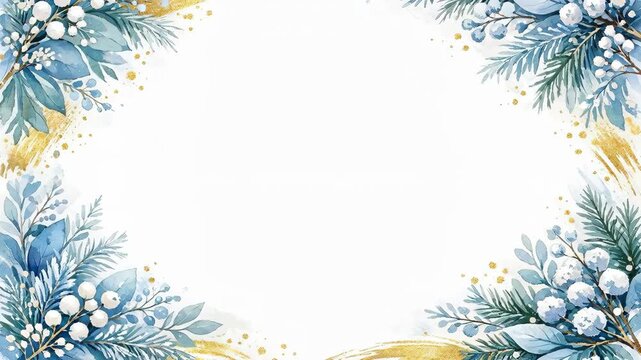 Watercolor Pine Branch and Berry Frame with Gold Accents