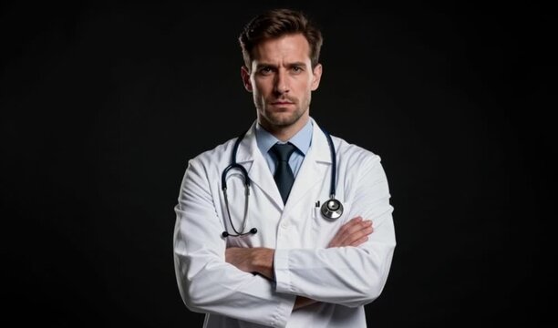  Doctor in lab coat on dark background, serious look &mdash; 4K video