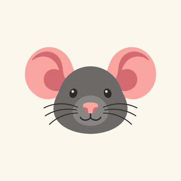 Cartoon mouse with large pink ears facing forward on plain background with ears neutral gray rodent