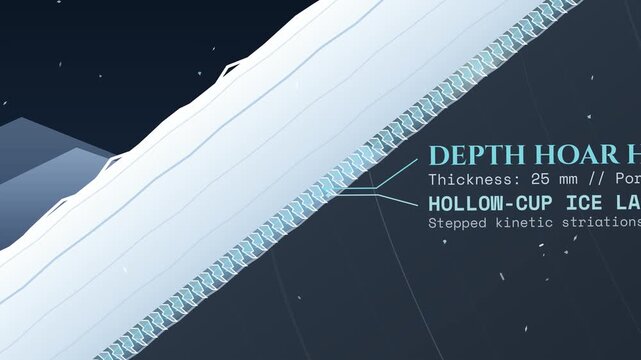 Scientific 3D animation detailing the physics of an avalanche fracture showing a skier triggering snowpack failure with anticrack propagation and gravitational mass detachment on a mountain slope