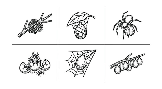 Set of spider life cycle stages, hand drawn vector illustration