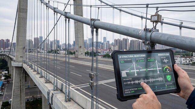 Engineer holding a digital tablet to perform structural health monitoring on a modern suspension bridge