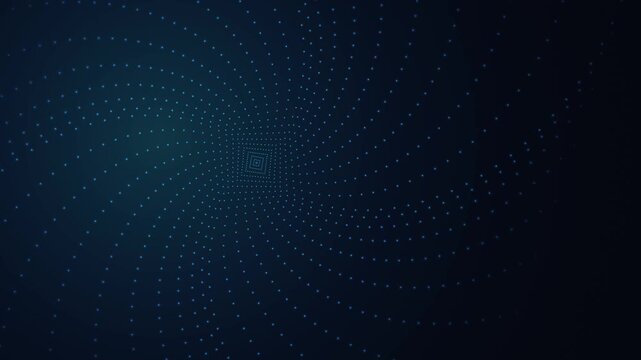 Abstract vortex swirls tiny glowing blue dots in a spiral pattern across a dark navy background, creating a deep cosmic and digital cyberspace atmosphere.