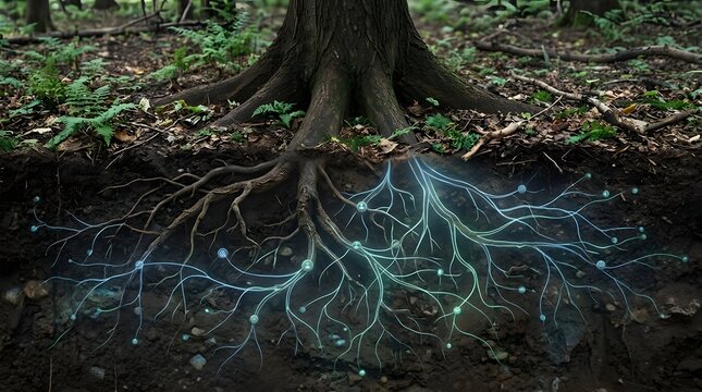 A view of tree roots extending into soil with digital network nodes connecting in a glowing blue web